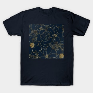 Elegant Gold Roses Floral Drawing Blue Design T-Shirt